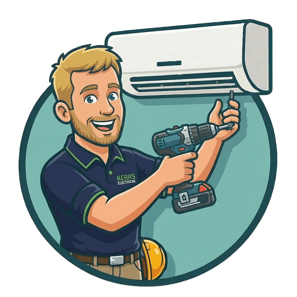 Cartoon of a smiling male technician using a power drill to install or repair a wall-mounted air conditioning unit.