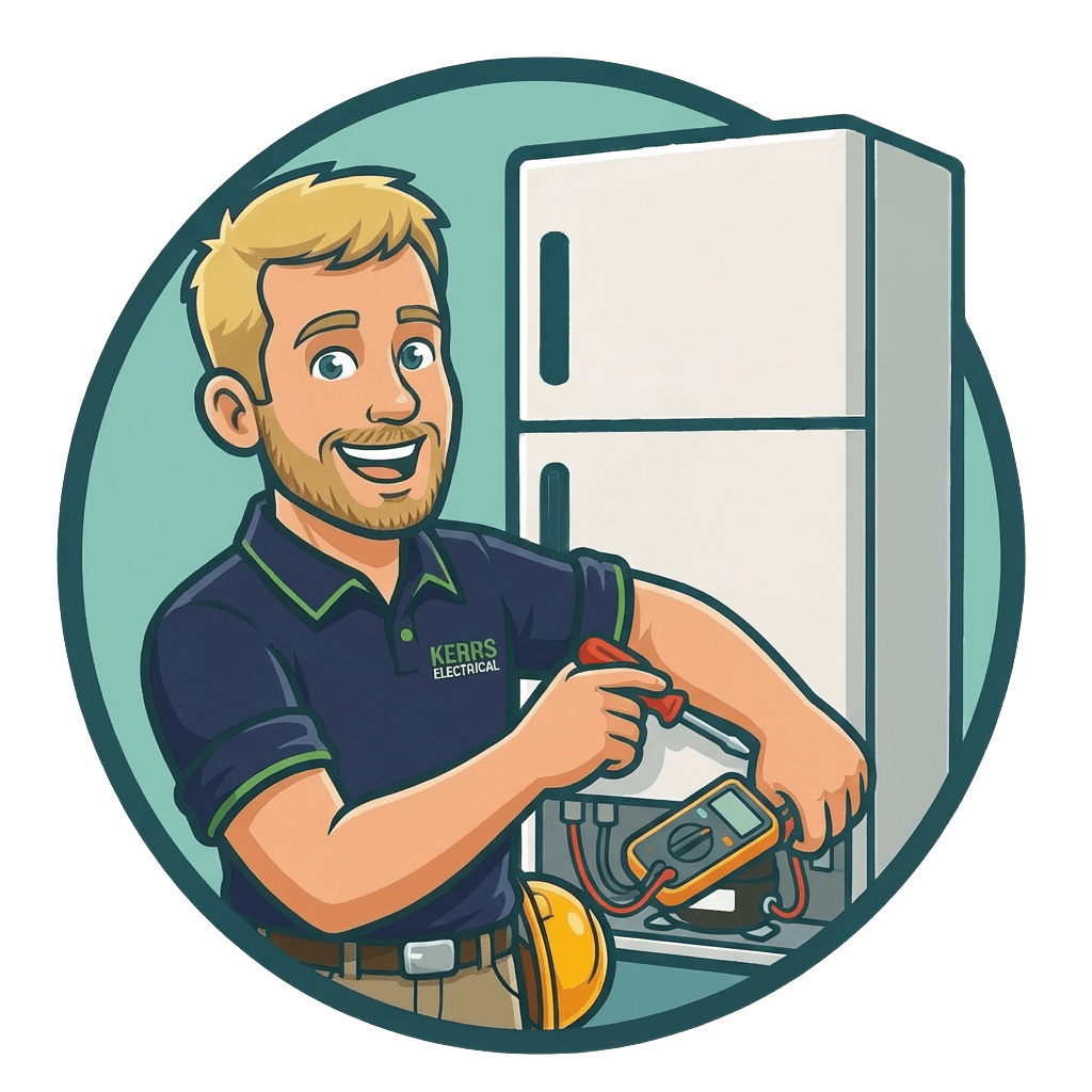 Cartoon electrician using a multimeter to check a refrigerator, wearing a "Kerrs Electrical" shirt and smiling.