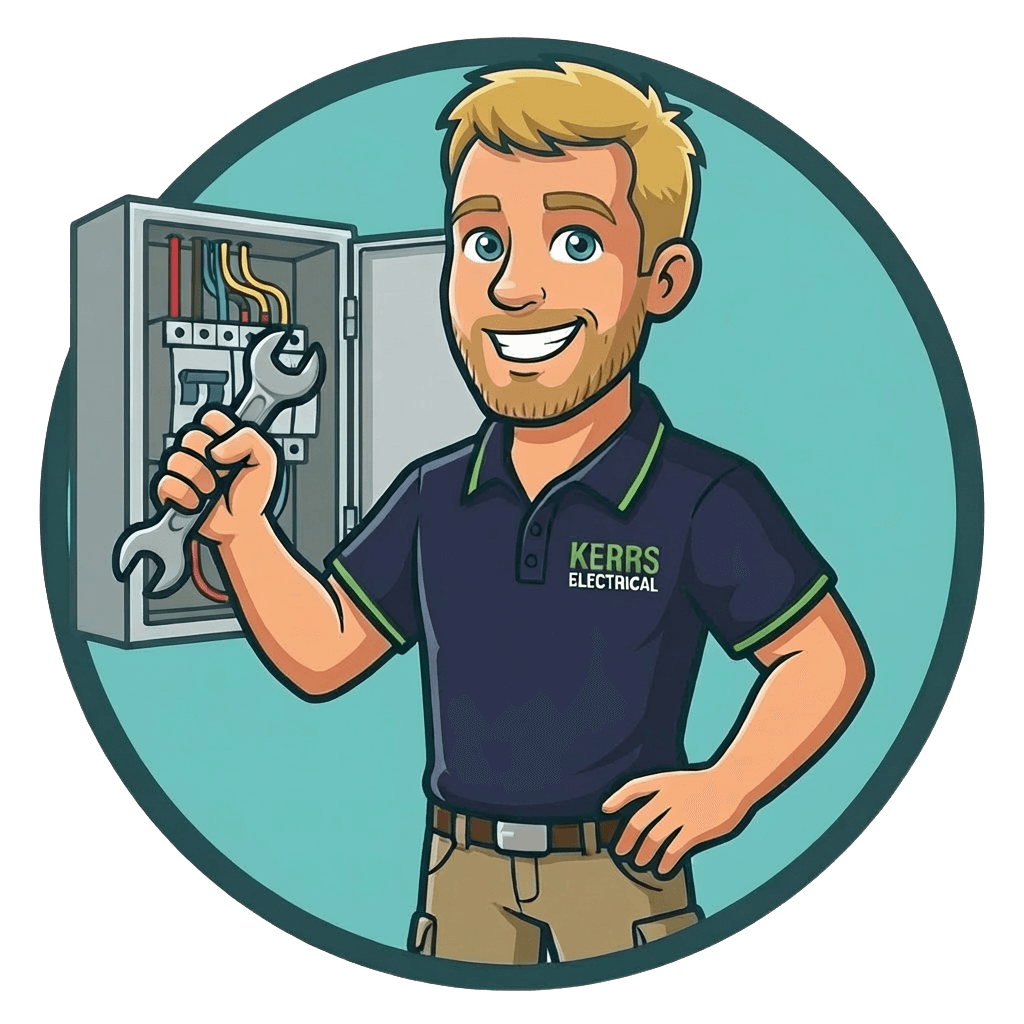 Cartoon electrician holding a wrench stands in front of an open electrical panel. His shirt reads "Kerrs Electrical.